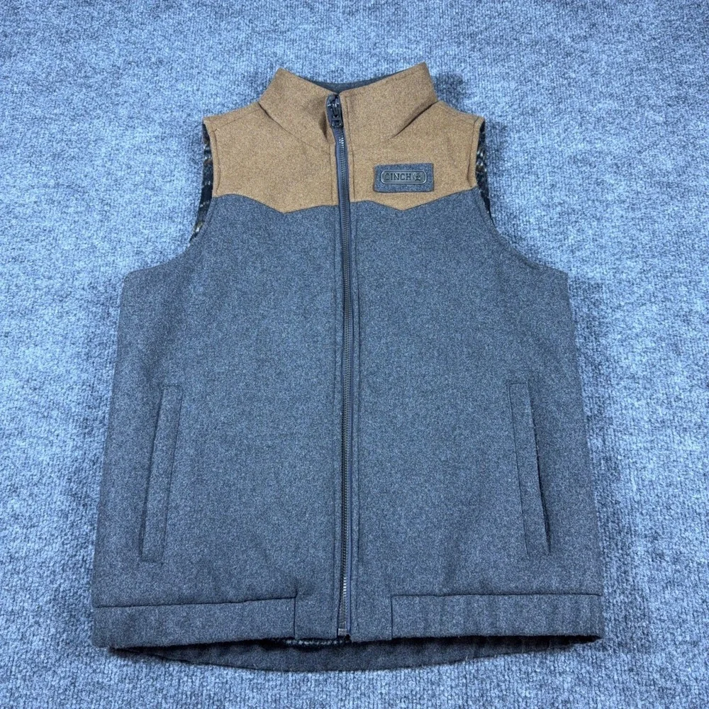 Cinch Wool Blend Western Vest Gray Tan Youth Large Full Zip Outerwear